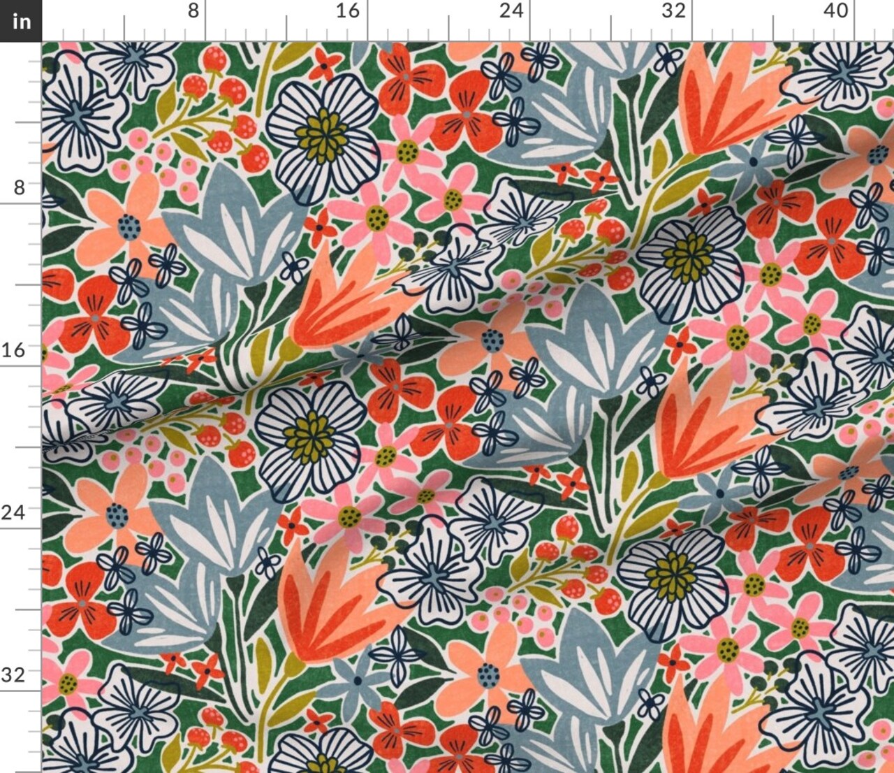 Abstract Bold Floral Wildflowers Eclectic Garden Spring Summer Flowers Faux Texture Busy Meadow Large Scale Green Blue Pink Orange Lines Dots Custom Printed Fabric by Spoonflower Various Fabrics by the Yard or Fat Quarter